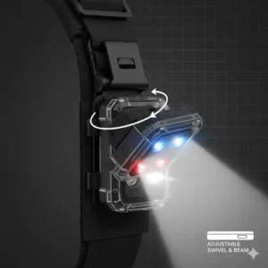 Illustration of an adjustable 360-degree swivel head on a tactical vest light for precise beam positioning.