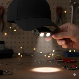 Demonstrating the 90 degree tilt function of the best clip on hat light on a black cap.