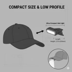A side-by-side comparison showing the compact size and low profile of a hat bill light against a standard cap.