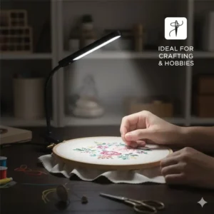 Close-up of a mini clip on light used for detailed needlework and embroidery.