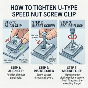 Graphic showing different home hardware applications and furniture uses for a versatile screw clip.