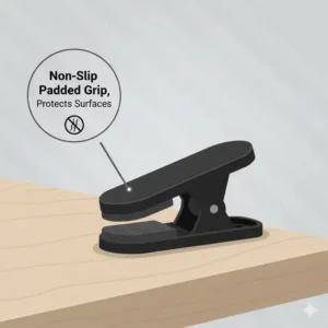 Detailed view of a non-slip padded clamp on an led clip light to prevent surface scratches.