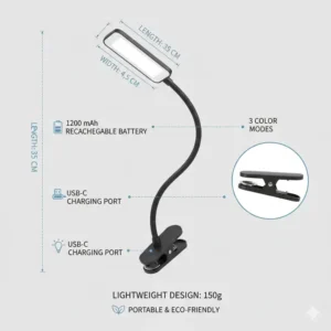 Technical diagram showing the dimensions and lightweight design of the rechargeable led clip light.