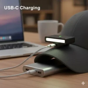 A USB-C rechargeable hat brim light plugged into a portable power bank on a wooden table.