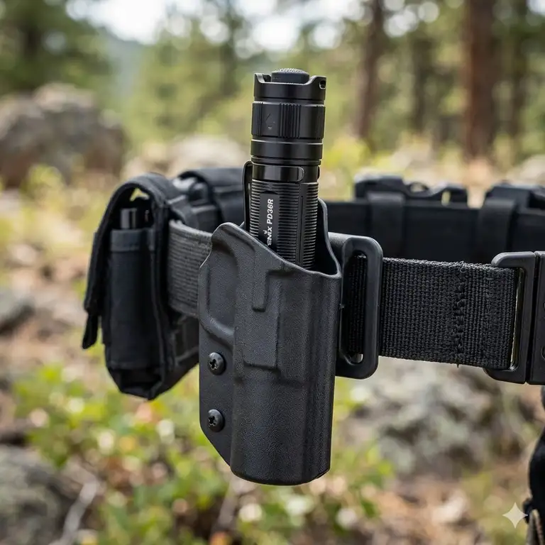 A high-quality tactical flashlight stored in a durable black polymer flashlight holsters attached to a utility belt.