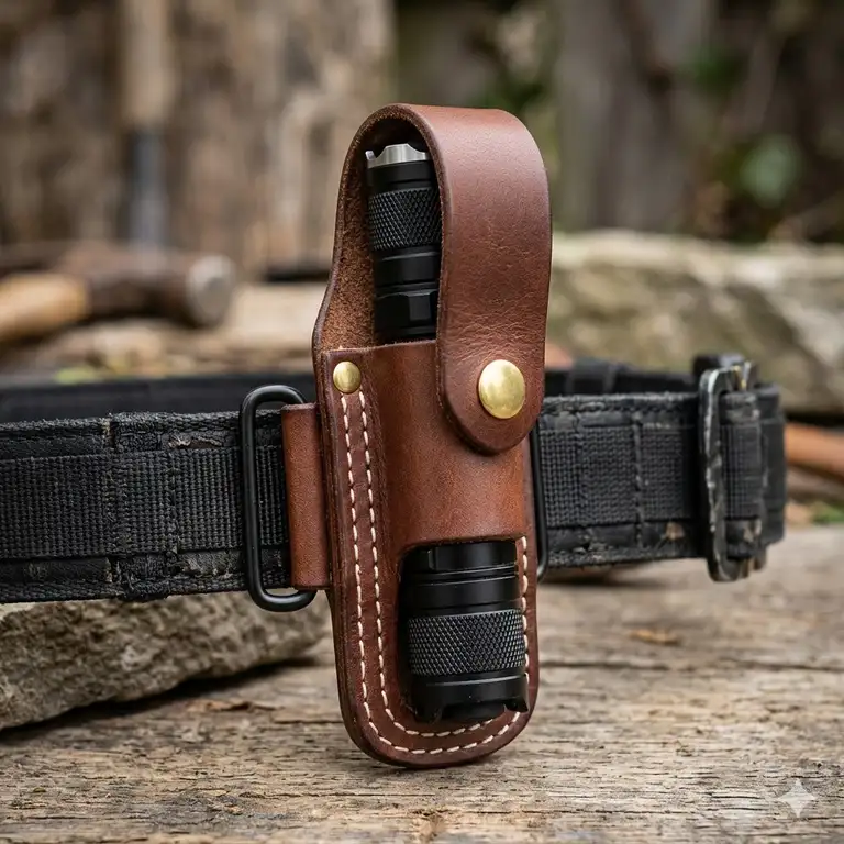 Featured Image: A premium leather flashlight belt holster attached to a utility belt holding a tactical light.