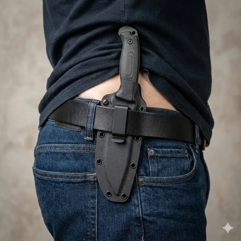 A professional high-quality photo of a premium inside waistband knife sheath tucked into a belt line.