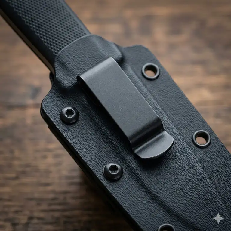 A high-quality pocket clip for kydex sheath mounted on a custom knife scabbard.