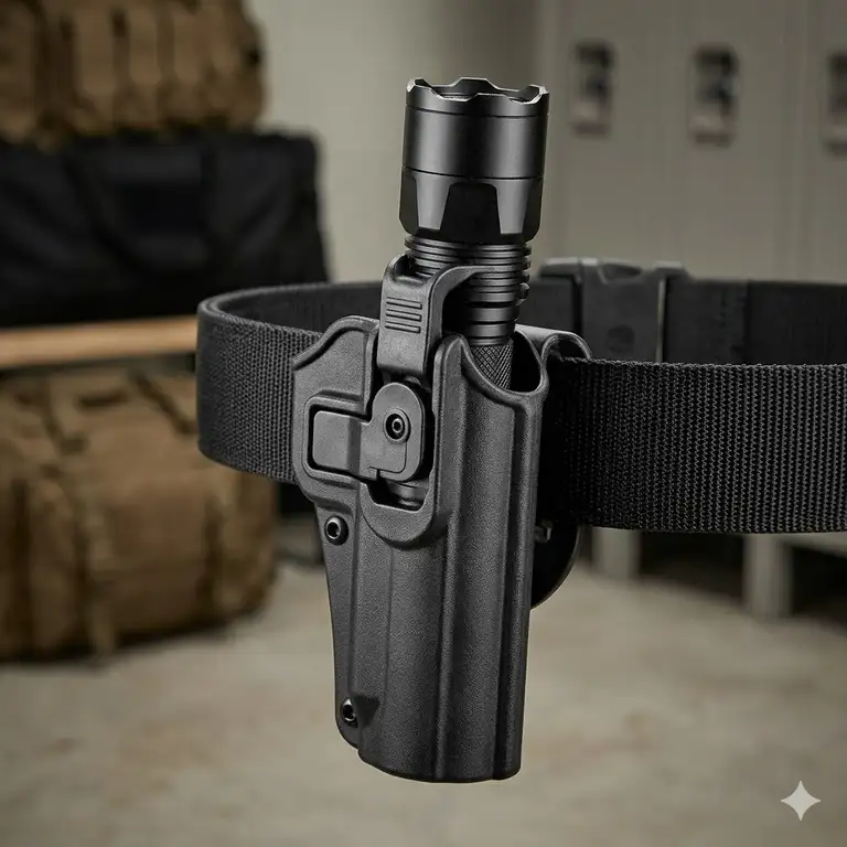 Featured Image: A durable black tactical flashlight holster mounted on a professional duty belt showing a secure locking mechanism.