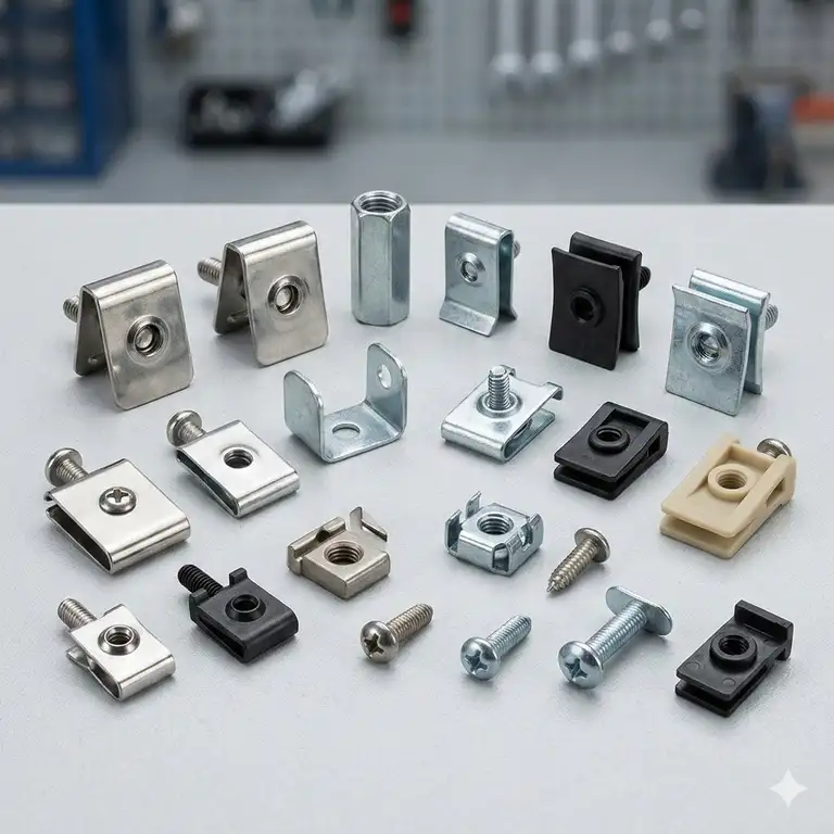 A professional assortment of various industrial clip screw fastener types including U-clips and chimney nuts arranged on a workbench.