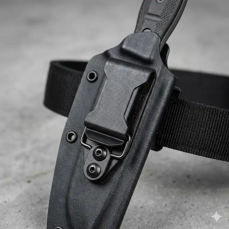 A heavy-duty kydex sheath clip mounted on a tactical knife holster for secure belt attachment.
