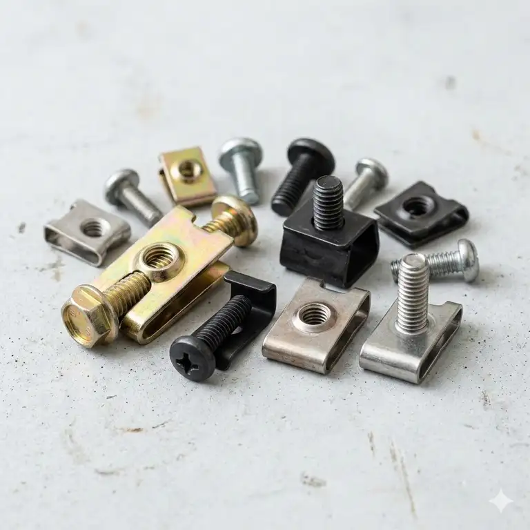 A professional showcase of a heavy-duty metal clip screw set and U-nut fasteners for industrial use.