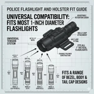 A technical fit guide showing a universal police flashlight and holster compatible with various light diameters.