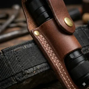 Illustration 1: Close-up of heavy-duty nylon stitching on a durable flashlight belt holster for maximum strength.