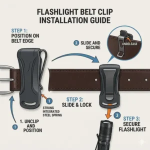 Diagram showing how to slide a universal flashlight belt clip onto a standard leather belt.