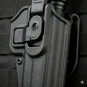 Illustration 1: Close-up view of a Kydex tactical flashlight holster showcasing the heat-resistant and scratch-proof material texture.