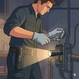 A worker using a flashlight holder belt to work hands-free in a dark electrical box.