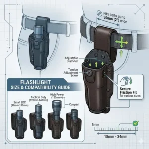 Illustration 1: Technical drawing showing the adjustable diameter and sizing for universal flashlight holsters belt compatibility.