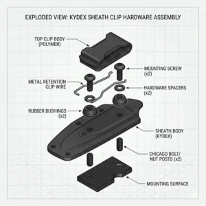 Illustration showing the assembly of a kydex sheath clip with screws, rubber washers, and Chicago bolts.