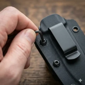 Person using a tool to install a pocket clip for kydex sheath with screws.