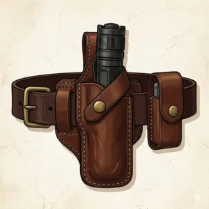 A classic brown leather flashlight holsters with a reinforced belt loop and snap-button closure.