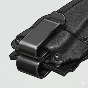 Close-up technical drawing of the heavy-duty steel belt clip on an inside waistband knife sheath.