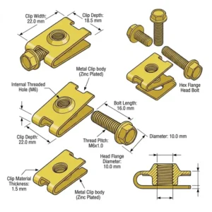 Detailed technical diagram showing the precise measurements and threading of a standard metal clip screw.