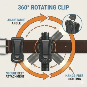 Illustration of a 360-degree rotating flashlight belt clip demonstrating hands-free lighting angles.