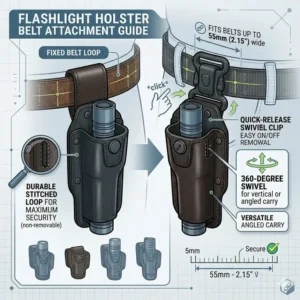 Illustration 2: Detailed diagram comparing fixed loop and swivel clip mechanisms for flashlight holsters belt mounting.