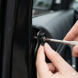 Close-up of a black clip screw fastener being used to secure a car door panel during an automotive repair.