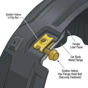 Close-up view of an automotive splash guard being secured with a durable metal clip screw