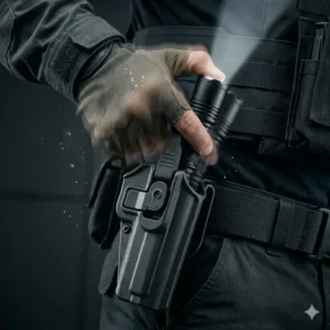 Illustration 2: Action demonstration of the quick-draw feature on a tactical flashlight holster for rapid response situations.