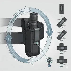 Diagram showing the 360-degree rotation feature of a technical flashlight holder belt.