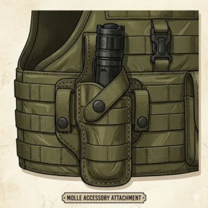 A nylon flashlight holsters featuring MOLLE webbing attachments for tactical vests and backpacks.
