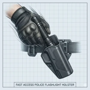 Close-up illustration of a hand quickly drawing a police flashlight and holster from a tactical gear setup.