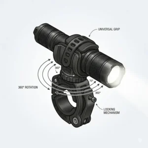 A 360-degree rotatable swivel flash light holder with adjustable angles.