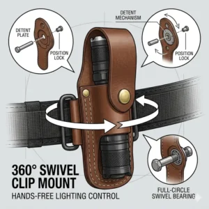 Illustration 2: Diagram showing a flashlight belt holster with a 360-degree swivel clip for hands-free lighting.