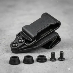A standard 1.5-inch polymer belt clip designed for a kydex sheath clip mounting system.