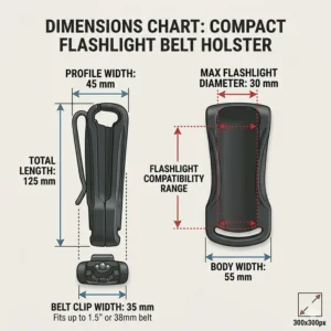 Technical drawing showing the width and length dimensions of a compact flashlight belt clip holster.