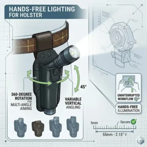 Illustration 3: A visual guide showing 360-degree rotation features on hands-free flashlight holsters belt accessories.