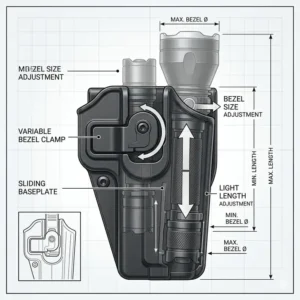 Illustration 3: Technical diagram showing how an adjustable tactical flashlight holster fits various bezel sizes and light lengths.