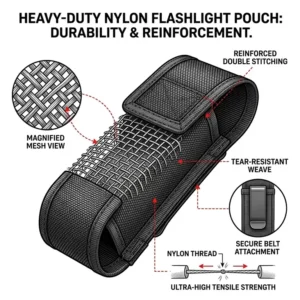 Close-up illustration of the heavy-duty nylon stitching on a flashlight holder belt.