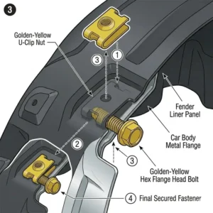 Step-by-step assembly guide demonstrating how to properly install a metal clip screw on a vehicle frame.