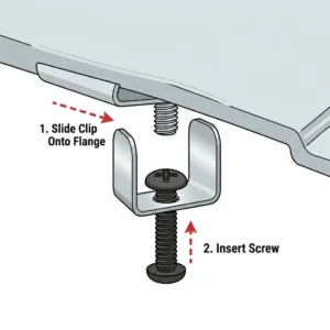 Step-by-step instructional drawing demonstrating how to correctly slide and install a clip screw fastener onto a metal flange.