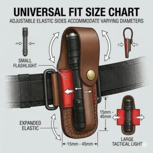 Illustration 3: A size chart showing how the universal flashlight belt holster fits various tactical light diameters.