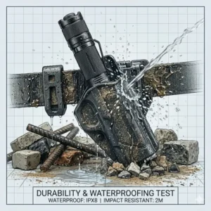 A durability and waterproofing test of a rugged police flashlight and holster set against water and mud.