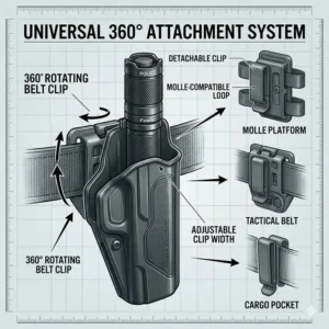Detailed view of a police flashlight and holster showing the 360-degree rotating belt clip and MOLLE system.