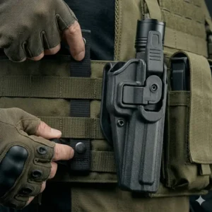 Illustration 4: A tactical flashlight holster attached to a MOLLE-webbing vest for secure and hands-free carry.