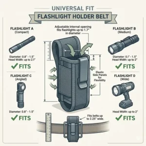 Sizing guide showing how different torch sizes fit into a universal flashlight holder belt.