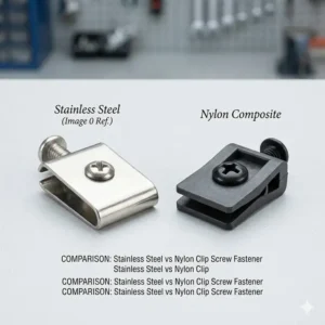 Side-by-side material comparison between a stainless steel and a nylon composite clip screw fastener for different environments.